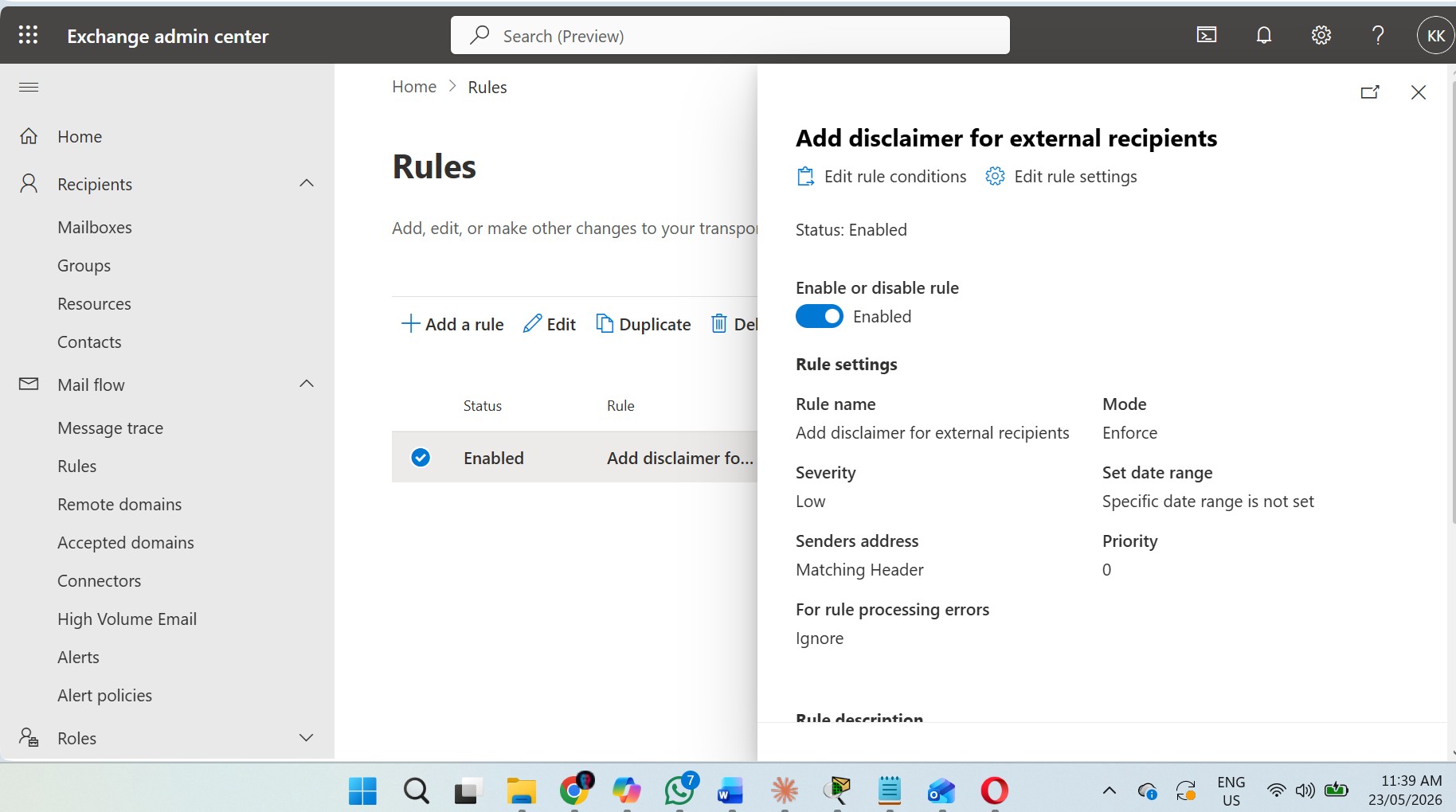 Exchange Mail Flow Rule Disclaimer
